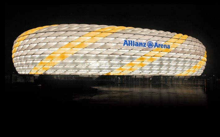 Allianz Arena, Munich, German football stadium, white yellow backlight, FC Bayern Munich Stadium, Bundesliga, football, Bavaria, Germany