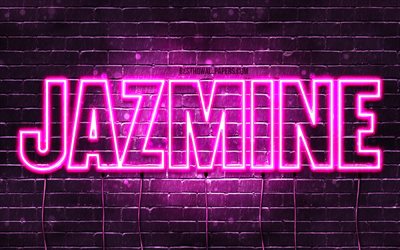 Jazmine, 4k, wallpapers with names, female names, Jazmine name, purple neon lights, horizontal text, picture with Jazmine name
