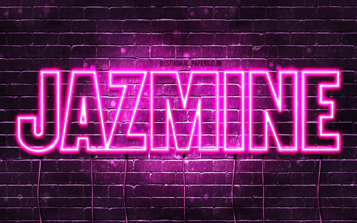 Jazmine, 4k, wallpapers with names, female names, Jazmine name, purple neon lights, horizontal text, picture with Jazmine name