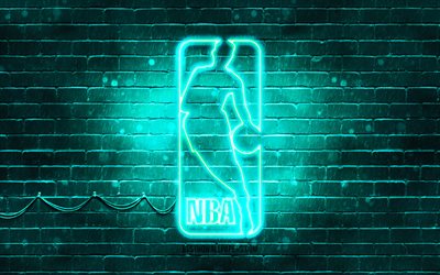 NBA turquoise logo, 4k, turquoise brickwall, National Basketball Association, NBA logo, american basketball league, NBA neon logo, NBA