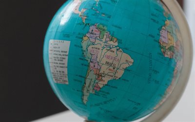 globe, South America, administrative map of South America, continents, oceans, travel to South America
