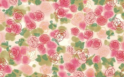 pink roses pattern, floral patterns, decorative art, flowers, roses patterns, abstract roses pattern, background with roses, floral textures