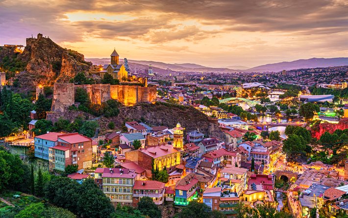 Tbilisi, 4k, stadsbilder, georgiska st&#228;der, sunset, Georgien, Asien, Tbilisi p&#229; kv&#228;llen