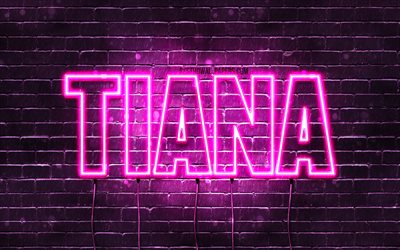 Tiana, 4k, wallpapers with names, female names, Tiana name, purple neon lights, horizontal text, picture with Tiana name