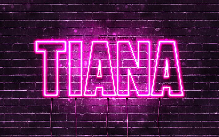 Tiana, 4k, wallpapers with names, female names, Tiana name, purple neon lights, horizontal text, picture with Tiana name