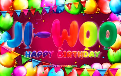 Happy Birthday Ji-woo, 4k, colorful balloon frame, Ji-woo name, purple background, Ji-woo Happy Birthday, Ji-woo Birthday, popular south korean female names, Birthday concept, Ji-woo