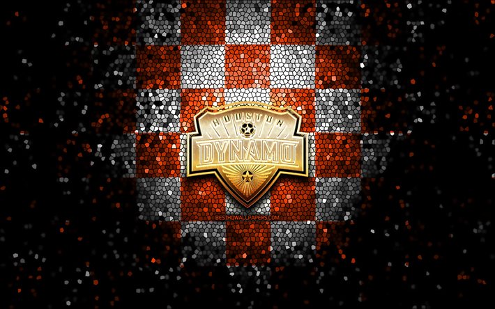 Houston Dynamo FC, glitter logotipo, MLS, branco laranja fundo quadriculado, EUA, time de futebol americano, Houston Dynamo, Major League Soccer, Houston Dynamo logotipo, arte em mosaico, futebol, Am&#233;rica