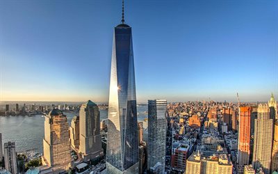 One World Trade Center, New York City, aamulla, sunrise, pilvenpiirt&#228;ji&#228;, kaupunkikuva, Manhattan, skyline, New York, USA, Yksi WTC, 1 World Trade Center