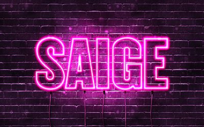 Saige, 4k, wallpapers with names, female names, Saige name, purple neon lights, horizontal text, picture with Saige name