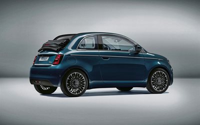 Fiat 500 Ensimm&#228;inen, 2021, ulkoa, takaa katsottuna, s&#228;hk&#246;inen Fiat 500, uusi sininen Fiat 500, Fiat 500convertible, italian autot, Fiat