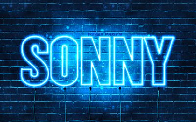 Sonny, 4k, les papiers peints avec les noms, le texte horizontal, Sonny nom, bleu n&#233;on, une photo avec le nom de Sonny