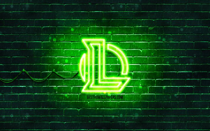 League of Legends vihre&#228; logo, LoL, 4k, vihre&#228; brickwall, League of Legends logo, 2020-pelit, League of Legends neon-logo, League of Legends, LoL logo