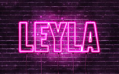 Leyla, 4k, wallpapers with names, female names, Leyla name, purple neon lights, horizontal text, picture with Leyla name