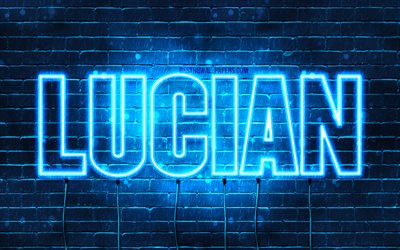 Lucian, 4k, wallpapers with names, horizontal text, Lucian name, blue neon lights, picture with Lucian name