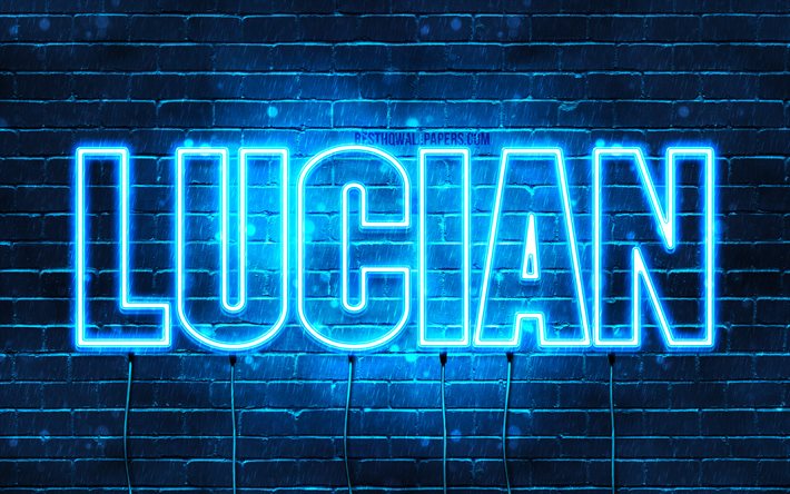 Lucian, 4k, wallpapers with names, horizontal text, Lucian name, blue neon lights, picture with Lucian name