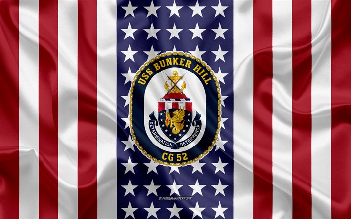 USS Bunker Hill ve USS Bunker Hill Amblem, KJ-52, Amerikan Bayrağı, ABD Deniz Kuvvetleri, ABD, USS Bunker Hill Rozet, ABD savaş gemisi, Amblemi