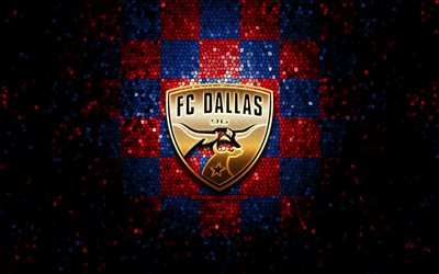 Dallas FC, glitter logo, MLS, blue red checkered background, USA, american soccer team, FC Dallas, Major League Soccer, FC Dallas logo, mosaic art, soccer, football, America