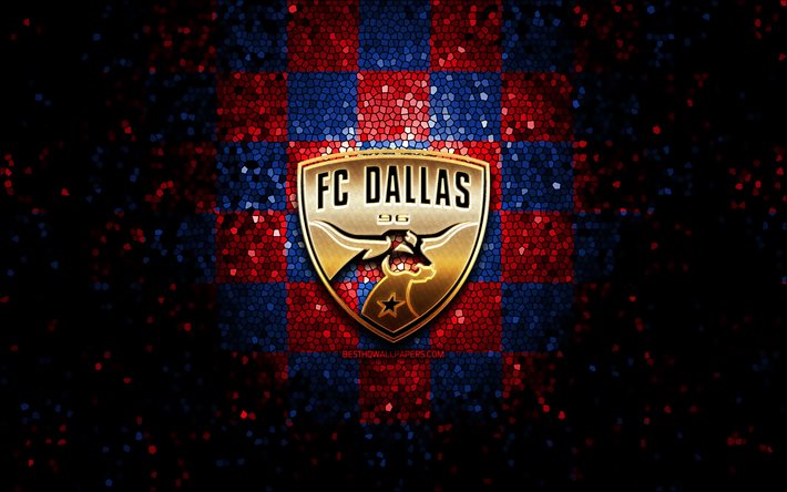 Dallas FC, glitter logo, MLS, blue red checkered background, USA, american soccer team, FC Dallas, Major League Soccer, FC Dallas logo, mosaic art, soccer, football, America