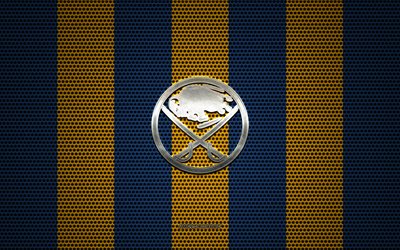 Buffalo Sabers logo, American hockey club, metal emblem, blue yellow metal mesh background, Buffalo Sabers, NHL, Buffalo, New York, USA, hockey