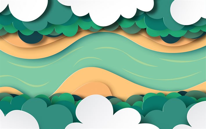 carta creativa del paesaggio, carta di nuvole bianche, carta forestale, vista dall&#39;alto, astratto sfondo di carta