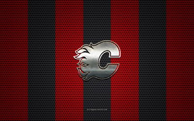 Calgary Flames logotipo, Canadense de h&#243;quei clube, emblema de metal, red-black metal malha de fundo, Calgary Flames, NHL, Calgary, Alberta, Canad&#225;, EUA, h&#243;quei