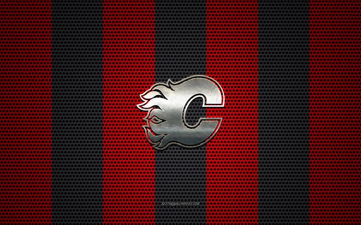 Calgary Flames logo, Canadian hockey club, metal emblem, red-black metal mesh background, Calgary Flames, NHL, Calgary, Alberta, Canada, USA, hockey