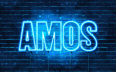 Amos, 4k, wallpapers with names, horizontal text, Amos name, blue neon lights, picture with Amos name