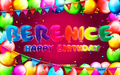 お誕生日おめでBerenice, 4k, カラフルバルーンフレーム, Berenice名, 紫色の背景, Bereniceお誕生日おめで, Berenice誕生日, 人気のフランスの女性の名前, 誕生日プ, Berenice