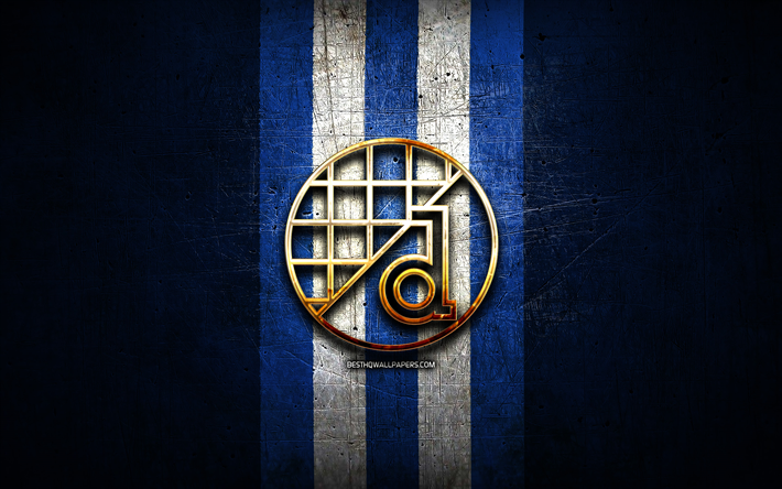 dinamo zagreb fc, logo dorato, hnl, sfondo metallico blu, calcio, squadra di calcio croata, logo dinamo zagreb, gnk dinamo zagreb