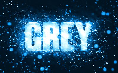 Happy Birthday Grey, 4k, blue neon lights, Grey name, creative, Grey Happy Birthday, Grey Birthday, popular american male names, picture with Grey name, Grey