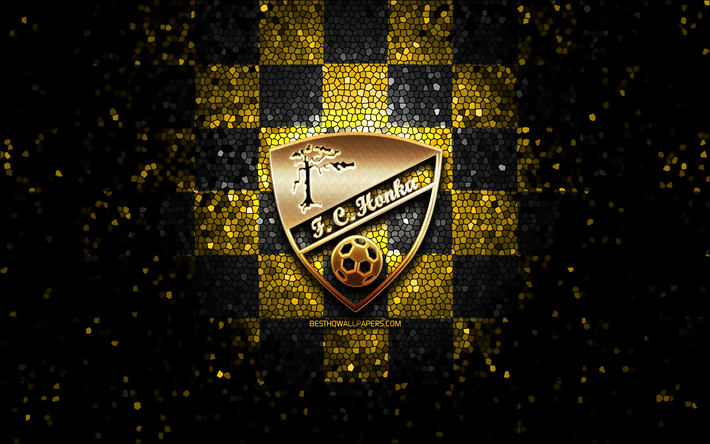 fc honka, logotipo de brillo, veikkausliiga, fondo a cuadros negro amarillo, f&#250;tbol, ​​club de f&#250;tbol finland&#233;s, logotipo de fc honka, arte de mosaico, ​​honka fc