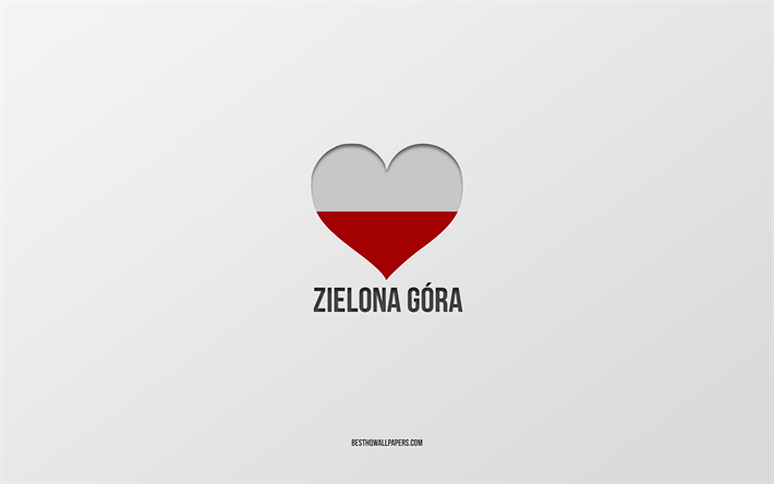 j aime zielona gora, villes polonaises, jour de zielona gora, fond gris, zielona gora, pologne, coeur de drapeau polonais, villes pr&#233;f&#233;r&#233;es, aime zielona gora