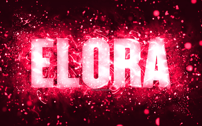 عيد ميلاد سعيد إلورا, 4k, أضواء النيون الوردي, اسم إلورا, خلاق, عيد ميلاد إلورا, أسماء الإناث الأمريكية الشعبية, صورة باسم elora, إلورا
