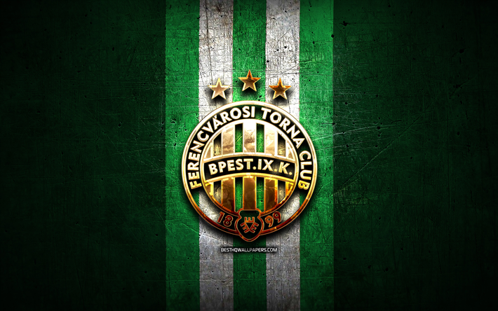 Ferencvaros FC, golden logo, OTP Bank Liga, green metal background, football, hungarian football club, Ferencvaros FC logo, Hungary, Ferencvaros TC