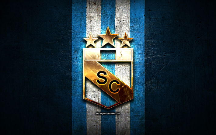 Sporting Cristal FC, golden logo, Liga 1 Apertura, blue metal background, football, peruvian football club, Club Sporting Cristal logo, soccer, Club Sporting Cristal