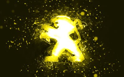 Peugeot yellow logo, 4k, yellow neon lights, creative, yellow abstract background, Peugeot logo, cars brands, Peugeot