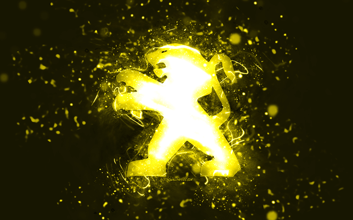 شعار بيجو الأصفر, 4k, أضواء النيون الصفراء, خلاق, خلفية مجردة صفراء, شعار بيجو, ماركات السيارات, بيجو