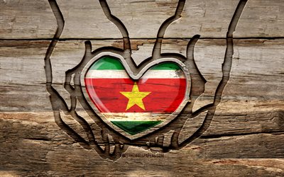 I love Suriname, 4K, wooden carving hands, Day of Suriname, Suriname flag, Flag of Suriname, Take care Suriname, creative, Suriname flag in hand, wood carving, South American countries, Suriname
