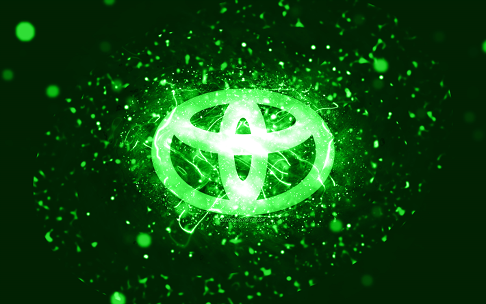 トヨタグリーンロゴ, 4k, 緑のネオンライト, クリエイティブ, 緑の抽象的な背景, トヨタのロゴ, 車のブランド, トヨタ