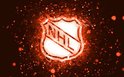 nhl-orange-logo, 4k, orangefarbene neonlichter, national hockey league, orangefarbener abstrakter hintergrund, nhl-logo, automarken, nhl