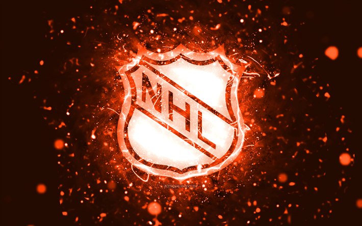 logo nhl arancione, 4k, luci al neon arancioni, national hockey league, sfondo astratto arancione, logo nhl, marche di automobili, nhl