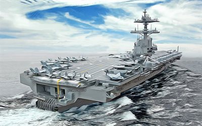 USS Gerald R Ford, 4k, vector art, CVN-78, aircraft carriers, United States Navy, US army, abstract ships, battleship, US Navy, Nimitz-class, USS Gerald R Ford CVN-78