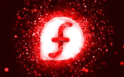 logotipo rojo de fedora, 4k, luces de neón rojas, creativo, fondo abstracto rojo, logotipo de fedora, linux, fedora