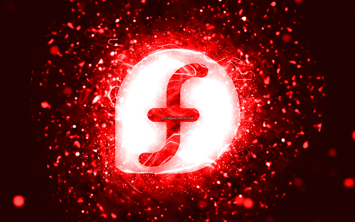 fedora logo rouge, 4k, n&#233;ons rouges, cr&#233;atif, rouge abstrait, logo fedora, linux, fedora