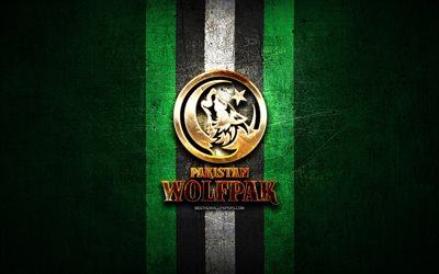 Pakistan Wolfpak, golden logo, Elite Football League, green metal background, indian football team, Pakistan Wolfpak logo, american football