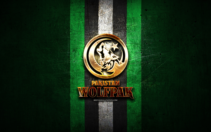 pakistan wolfpak, altın logo, elit futbol ligi, yeşil metal arka plan, hint futbol takımı, pakistan wolfpak logosu, amerikan futbolu
