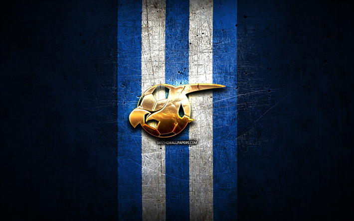 haugesund fc, logo dorato, eliteserien, sfondo blu in metallo, calcio, squadra di calcio norvegese, logo fk haugesund, fk haugesund