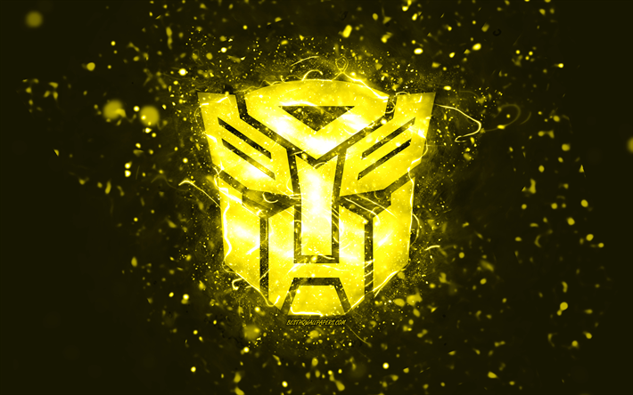 transformers sarı logo, 4k, sarı neon ışıklar, yaratıcı, sarı soyut arka plan, transformers logo, sinema logoları, transformers