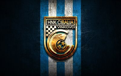 cibalia fc, logotipo dourado, hnl, metal azul de fundo, futebol, croata clube de futebol, hnk cibalia logotipo, hnk cibalia