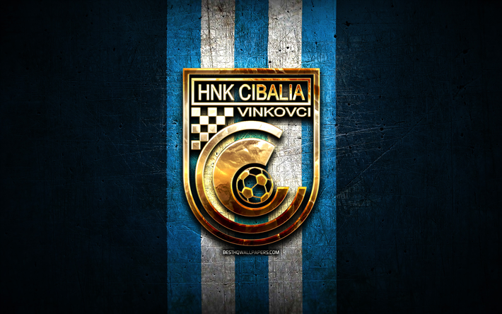 Cibalia FC, golden logo, HNL, blue metal background, football, croatian football club, HNK Cibalia logo, soccer, HNK Cibalia